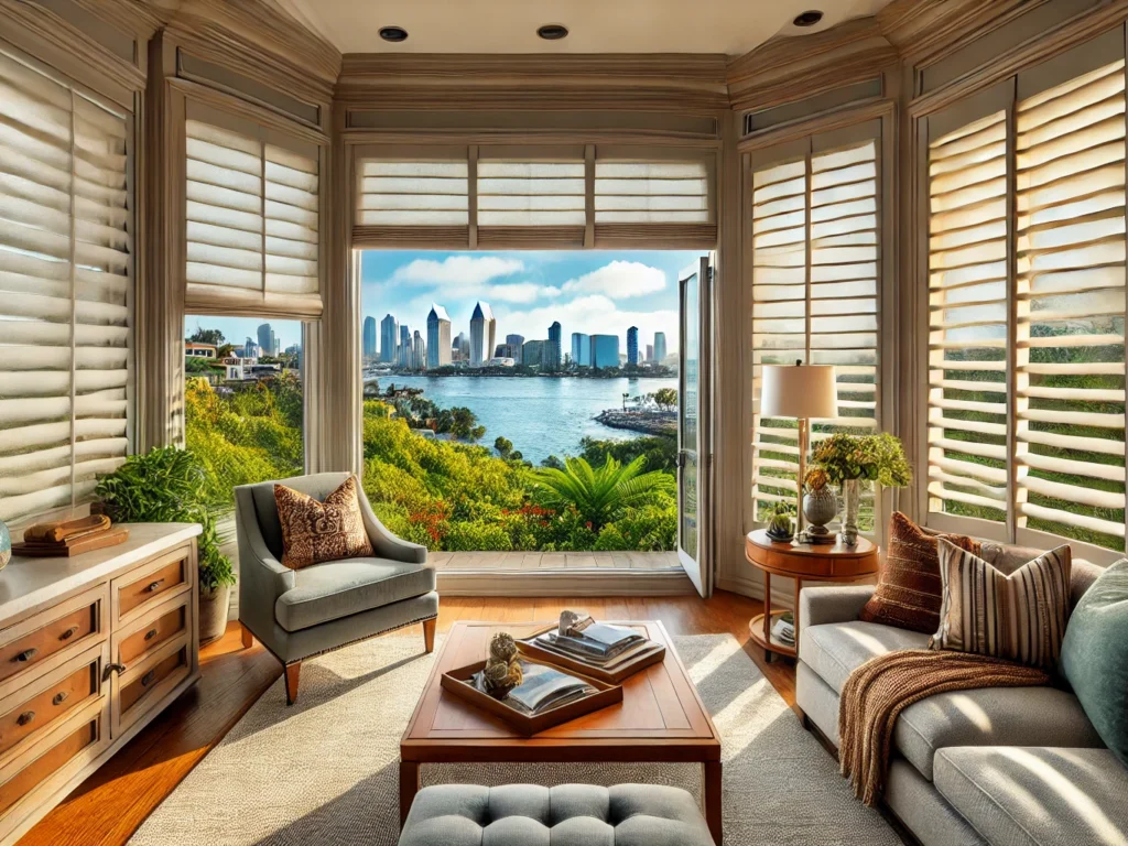 DALL·E 2024-11-12 18.05.45 - A beautiful home in Bay Park, San Diego, with custom window treatments showcasing elegant shutters, blinds, and shades framing a panoramic view of Mis